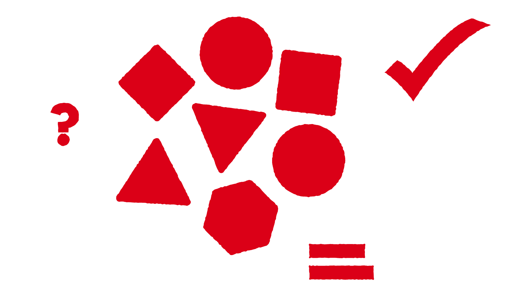 Geometric shapes with question, check and equals symbols representing preparation, analysis and planning for negotiations.